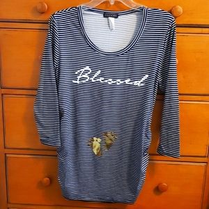 Violet & Ruby Long Sleeve Navy & Gold Striped Maternity Tee w/ "Blessed" Graphic